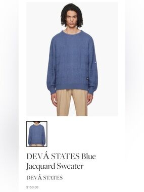 Devá States Blue Jacquard Sweater - Men's Crewneck size Small 100 percent cotton